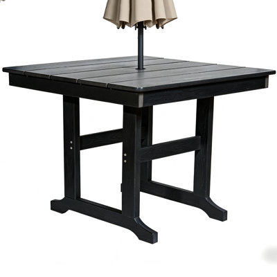 Weather Resistant Outdoor Patio Dining Table, Modern Grey Hdpe Construction With Umbrella Hole For Lawn, Yard And Patio Use