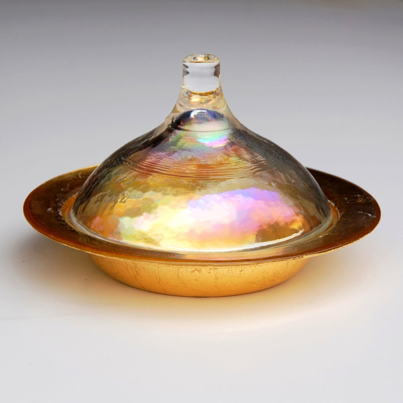 Mercer41 Olive Glass Covered Dish, Pearl/Gold