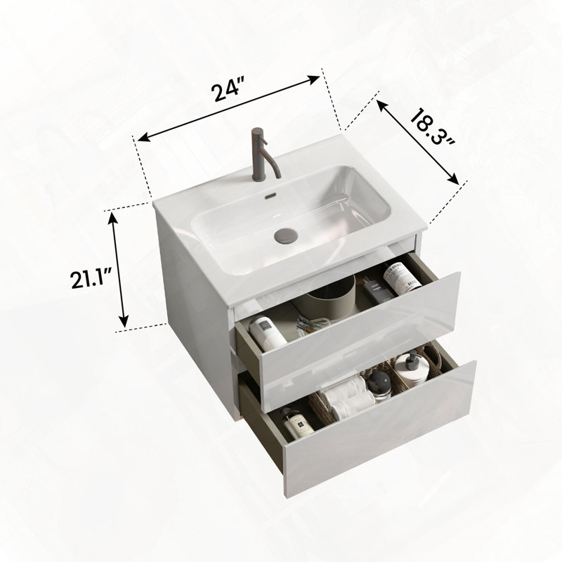 Meuble-lavabo mural avec lavabo en céramique et un trou de robinet pré-assemblé, Glossy White