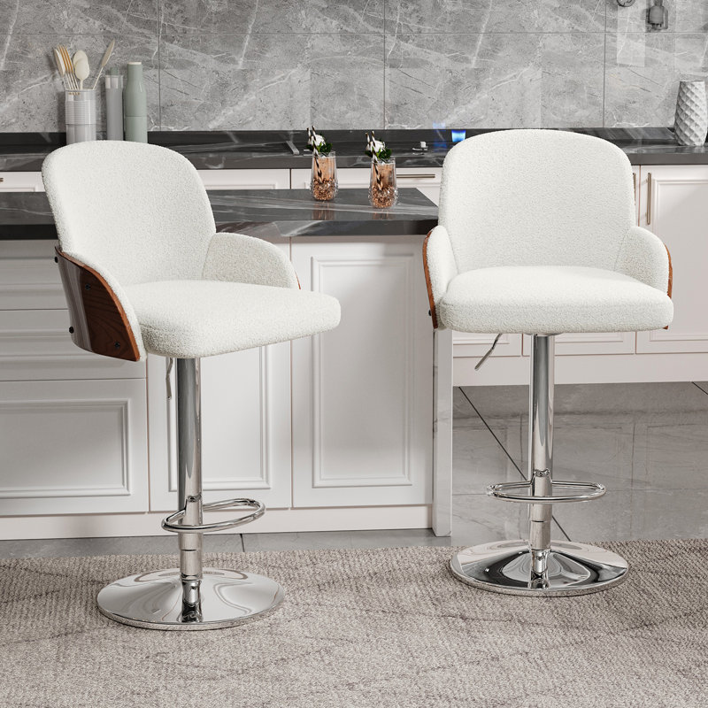 Bar Stools Set Of 4, Upholstered Swivel Barstools, Adjustable Counter Height With Armrest, White