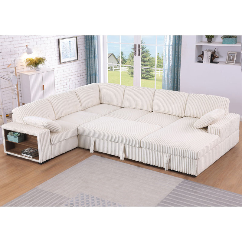 Sleeper Sectional Sofa with Pull-Out Bed, Storage Armrest, Right-Facing Storage Chaise, Beige