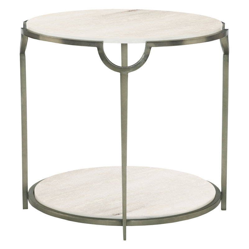 Gray and White Round Faux Marble End Table with Metal Frame
