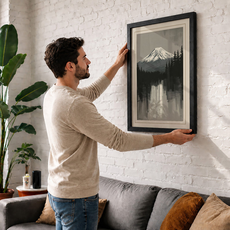 Mountain And Reflection Japandi - Print, A1 - 84.1 x 59.4 cm, Oak