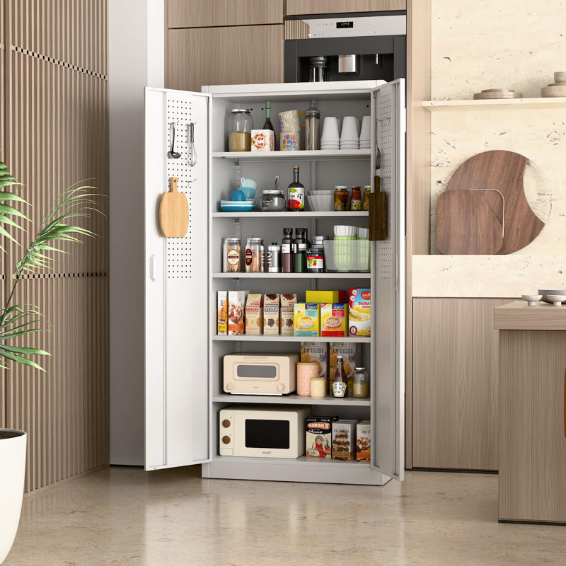 Armoire de rangement en métal pour garage avec panneau perforé et 5 tablettes réglables, armoire de rangement pour outils avec portes verrouillables pour l'école de bureau à domicile, assemblage requis, blanc