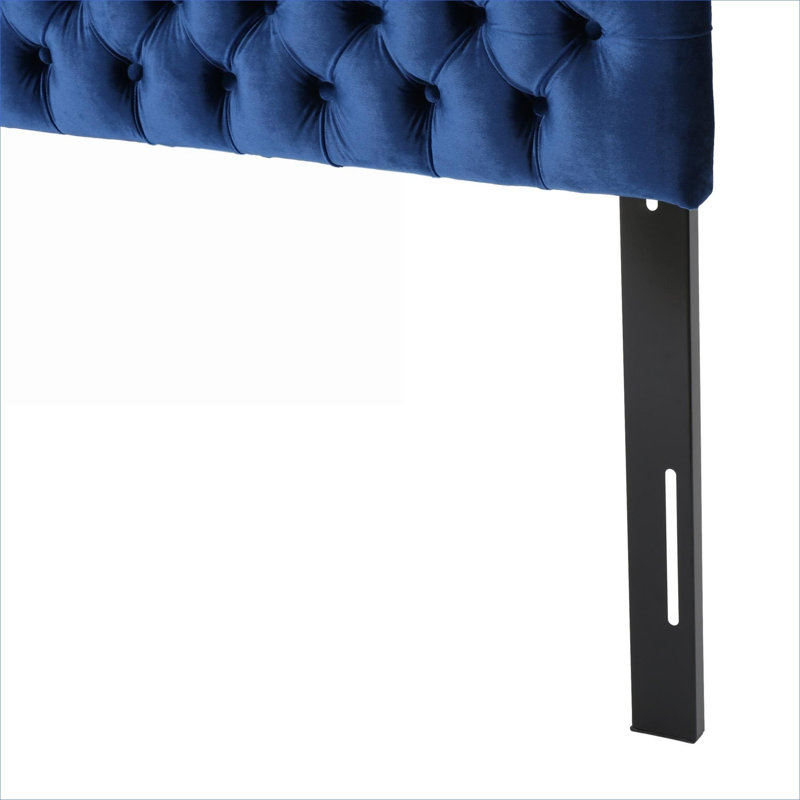 Tête de lit pour grand lit réglable capitonnée de luxe bleu foncé, structure en bois massif avec revêtement en velours doux