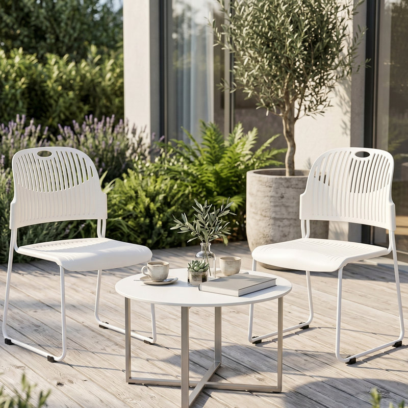 Fully Assembled Plastic Armless Stackable Patio Dining Chairs Set of 2, Stacking Chairs With Metal Frame,  Balcony Side Chairs for Indoor & Outdoor Use 