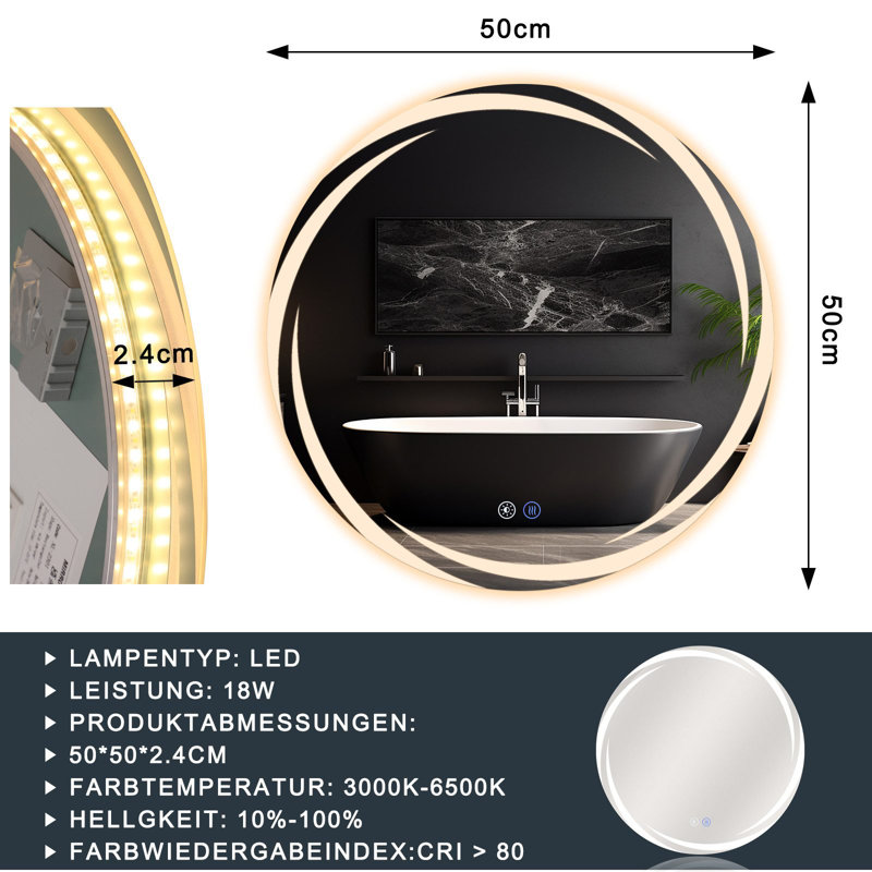 Wall mirror bathroom mirror round LED with lighting touch dimmable, 50 cm H x 50 cm W