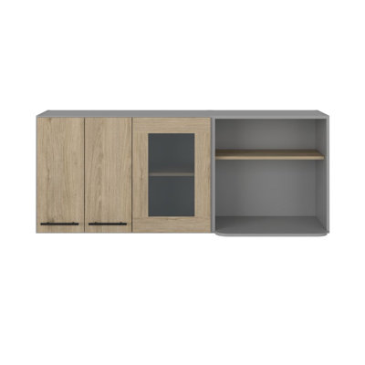 Hasselt Wall-Mounted Cabinet with Double Doors, Glass Display Door, Interior Racks and Storage Shelves and Open Storage Cabinet with Microwave Space 
