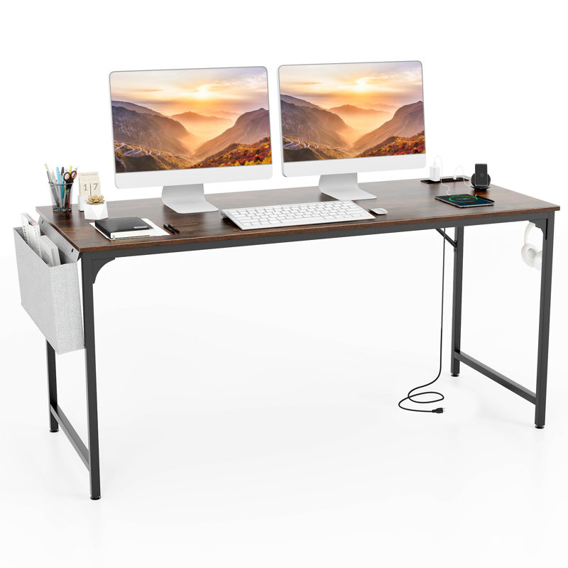 Bureau personnel, bureau d'ordinateur avec multiprise encastrée et large bureau, table d'écriture pour poste de travail, Brun