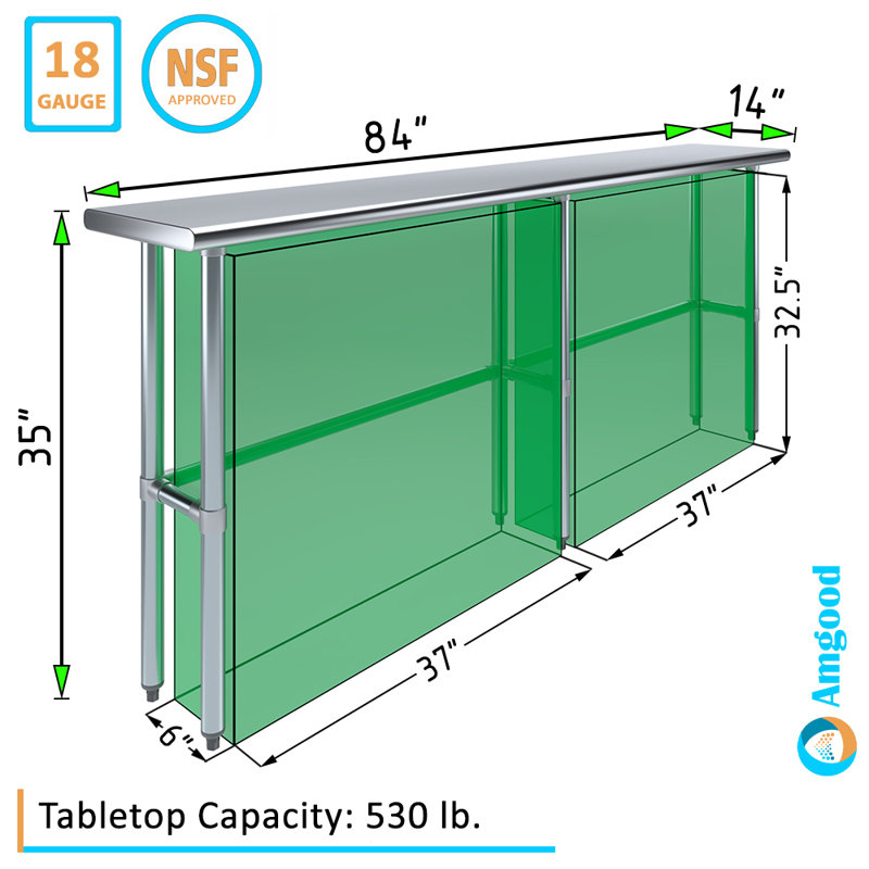 Table de travail en acier inoxydable, H 35 po x L 84 po x L 14 po