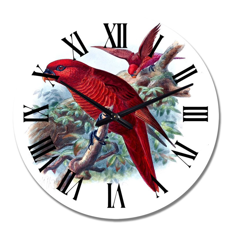 Perroquet rouge sur une branche dans la jungle - horloge murale traditionnelle, Grand