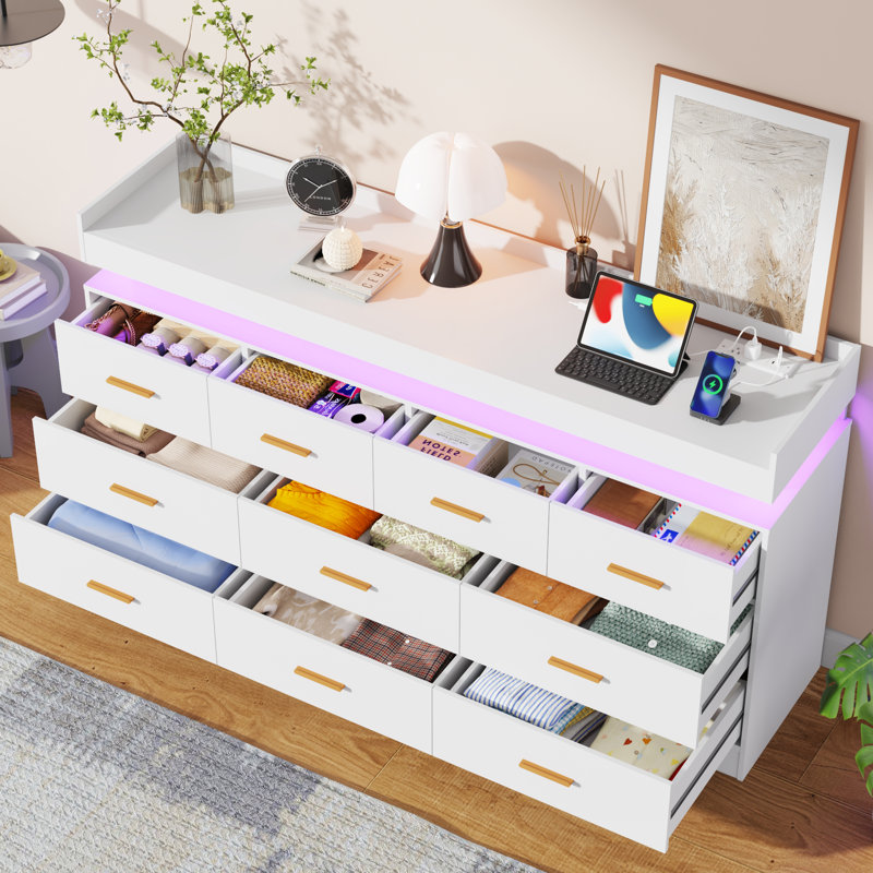 10 Drawer 63" W Dresser With Charging Station And LED Lights, White