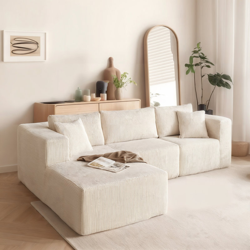 Canapé modulaire en forme de L Boneless, Velours côtelé beige, Face à la gauche