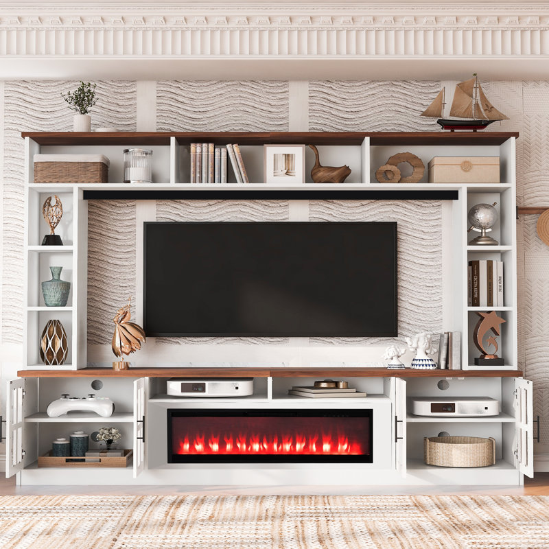 Meuble télé avec foyer Emberline 95,5 po pour téléviseurs jusqu'à 80 po, console centrale multimédia, Blanc