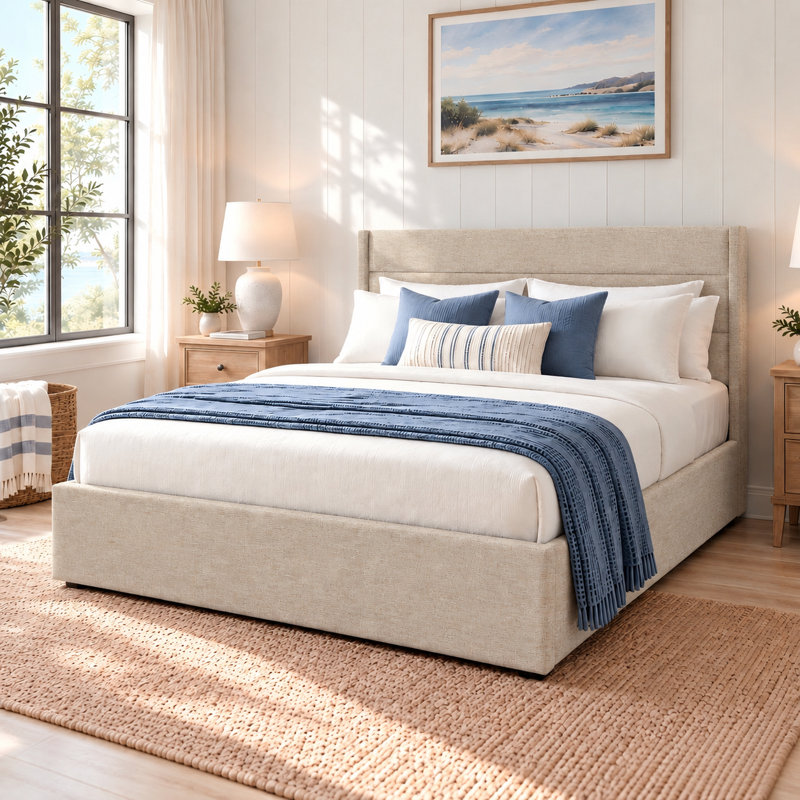 Denicolais Hydraulic Lift Up Upholstered Storage Bed with Wingback Headboard, Queen, Beige