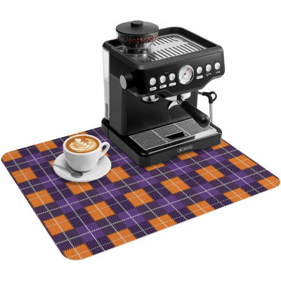 Tapis de cuisine/bar à café, tapis absorbant antidérapant à motif quadrillé violet et orange « Joyeux Halloween », accessoires pour le bar à café, tapis d'égouttage pour le comptoir de la cuisine, art géométrique abstrait, 51 x 81 cm