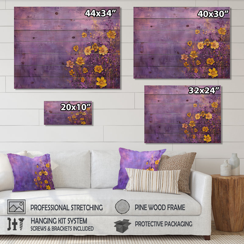 Dreamscape Wildflowers en mauve - impression traditionnelle en bois jaune sur bois de pin naturel