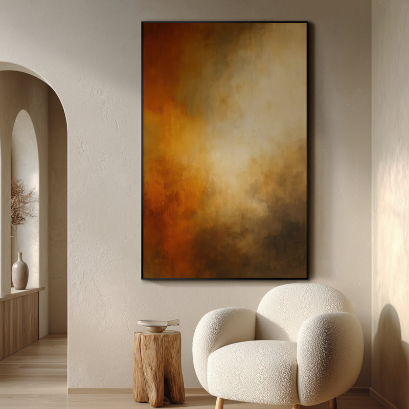 Très grande reproduction d'art sur tissu - Orange vif et beige, mélange abstrait, œuvre d'art pour le salon ou la chambre à coucher - «Assemblage requis du cadre (cadre non fini)»