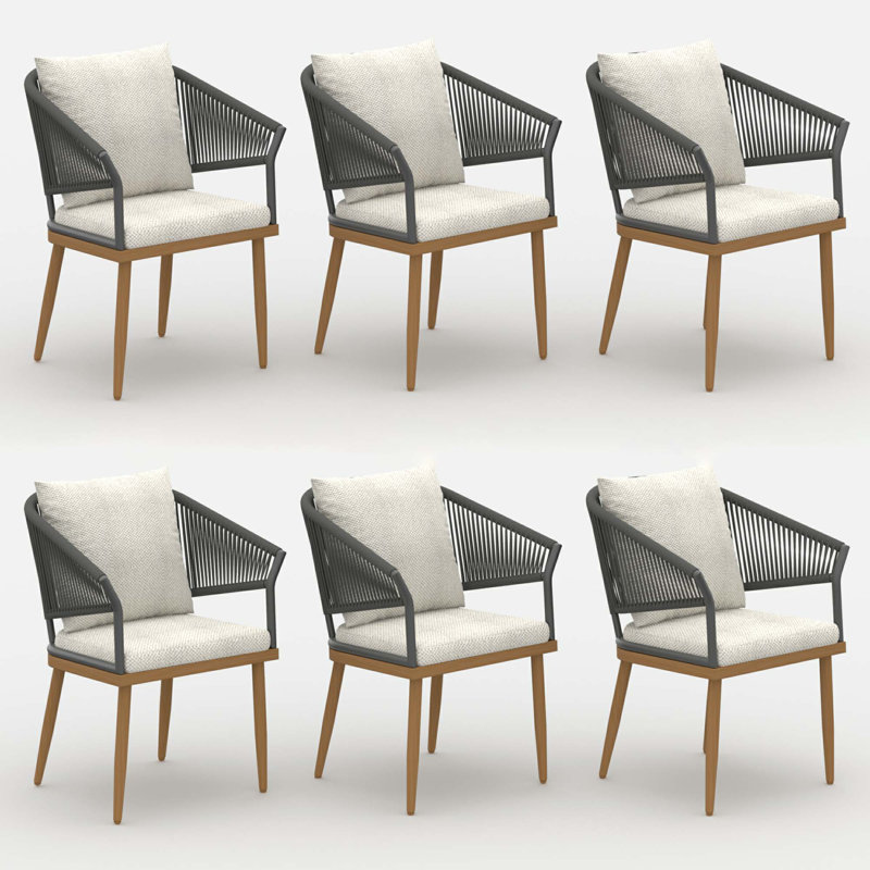 Patio Dining Armchair with Cushion, Beige / Brown Wood, 6