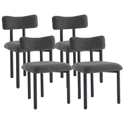 Boucle Dining Chairs Set of 4, Modern Upholstered Dining Room Chair with Curved Backrest, Sherpa Kitchen Chairs with Cushioned Seat and Black Metal Legs for Living Room Bedroom Vanity, Cream（grey)
