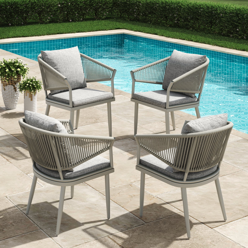 Patio Dining Armchair with Cushion, Light Grey / White, 4