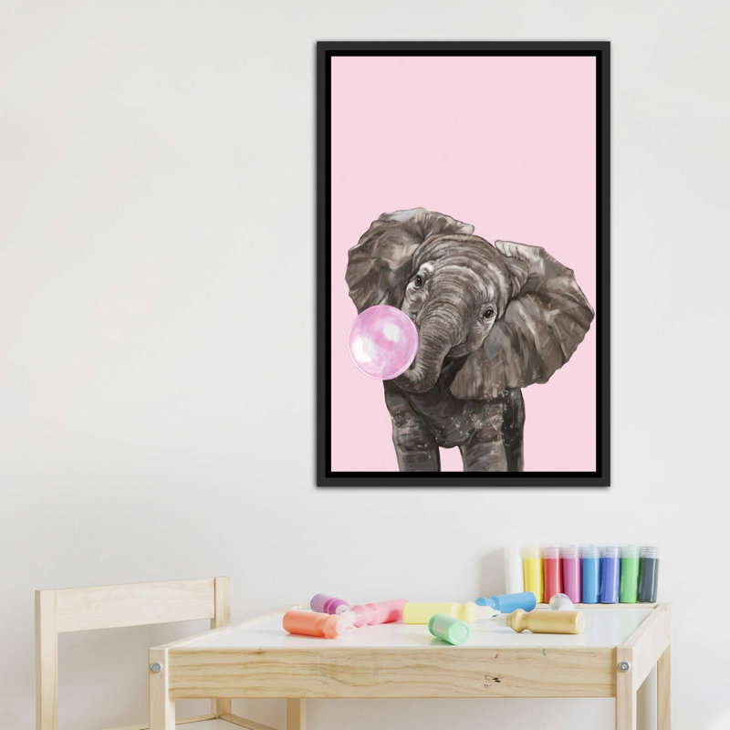 Art d’éléphant de gomme à bulles, H 40 po x l 26 po x P 1,5 po, Toile avec cadre noir patiné