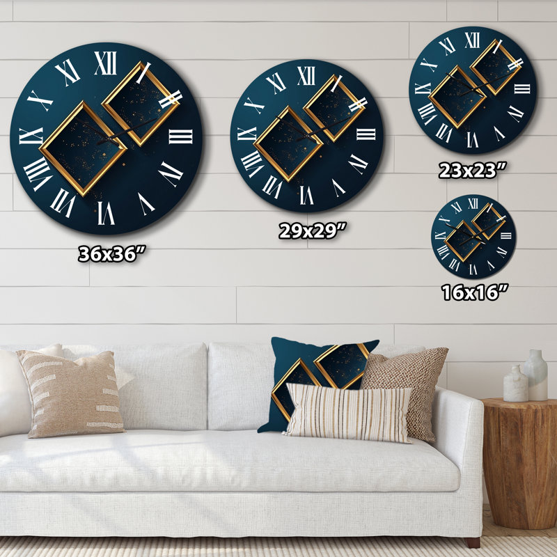 Horloge murale géométrique rétro en bleu sarcelle et or I, Moyenne
