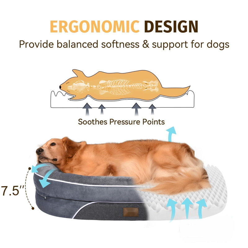 Large Gray Orthopedic Waterproof Dog Bed with Bolsters