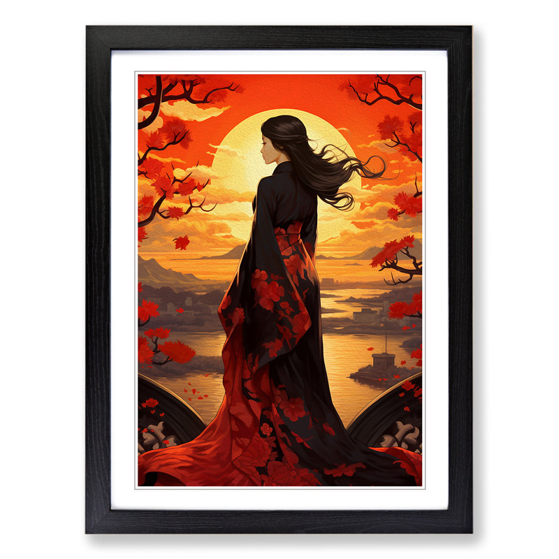 Japanese Sunset Nouveau - Single Picture Frame Print on Wood, Black Framed, 46cm H x 34cm W x 2cm D