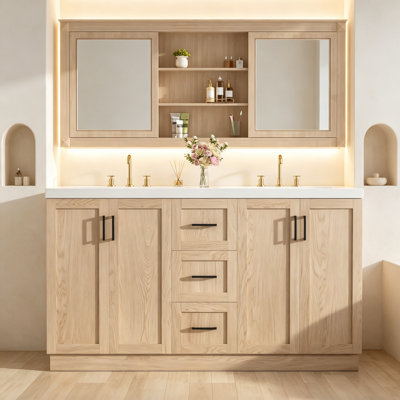 Ensemble de vanité double moderne en bois clair de 150 cm (59 po) avec lavabo intégré, portes d'armoire à fermeture amortie et nombreux rangements.