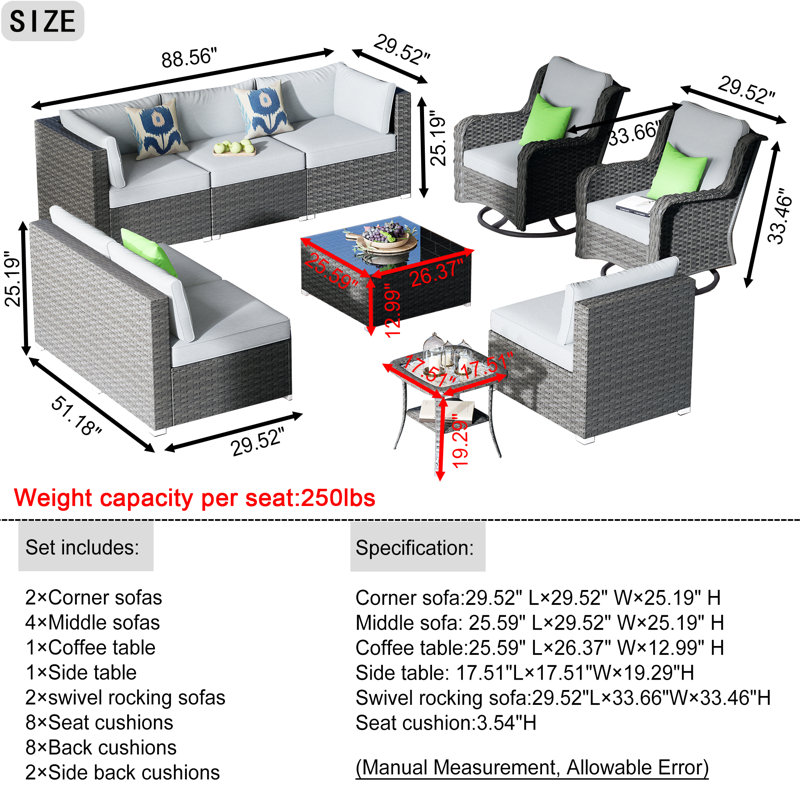 8 - Person Patio Conversation Set with Cushions, Gray, No