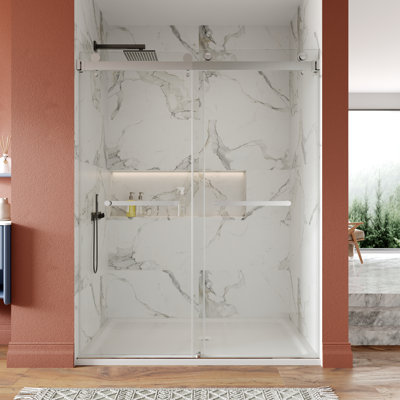 DeerValley 56" - 60" W x 76" H Double Sliding Frameless Shower Door with 3/8-in (10mm) Tempered Glass, Stainless Steel Accessories