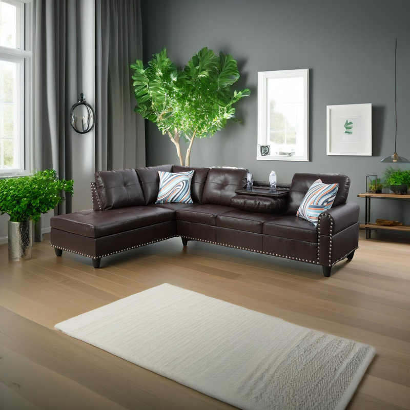 Faux Leather L-Shaped Sectional, Brown Faux Leather