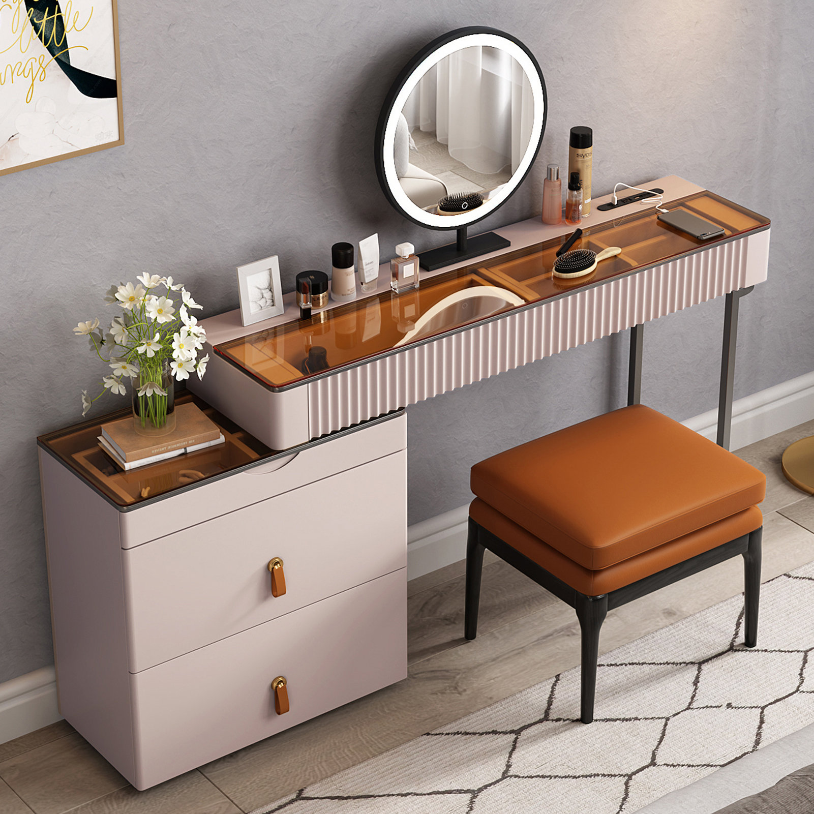 Maurece Makeup Vanity Set with Power Outlet & Glass Top