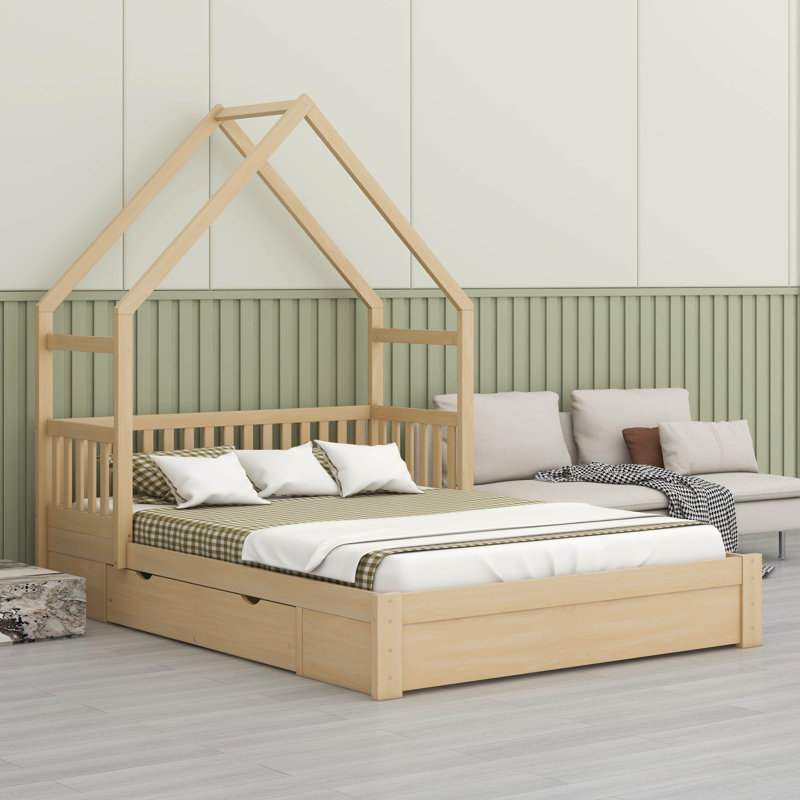 Lit plateforme grand en bois avec tête de lit garde-corps, 2 tiroirs et toit, Naturel