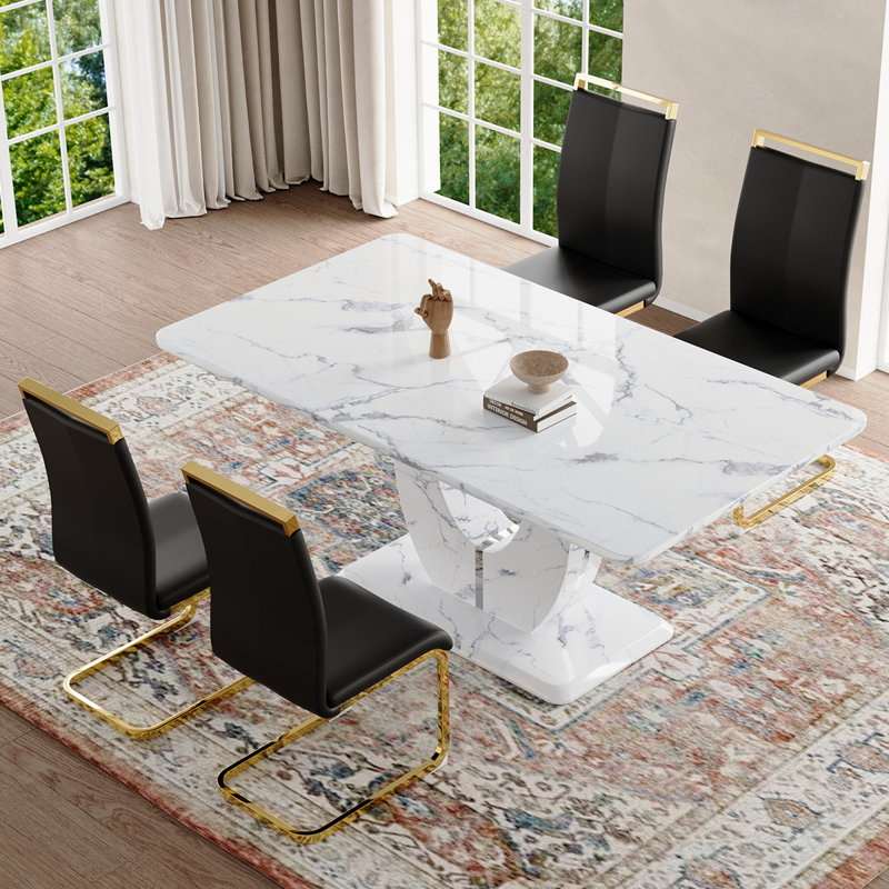 Ensemble de table de salle à manger, Noir / or, Marbre blanc, 5 pièces