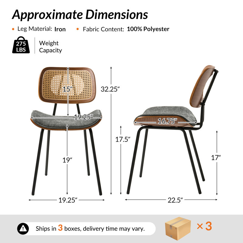 Pateley Mid-Century Modern Dining Chair Set with Rattan Backrest, 3, Dark Gray