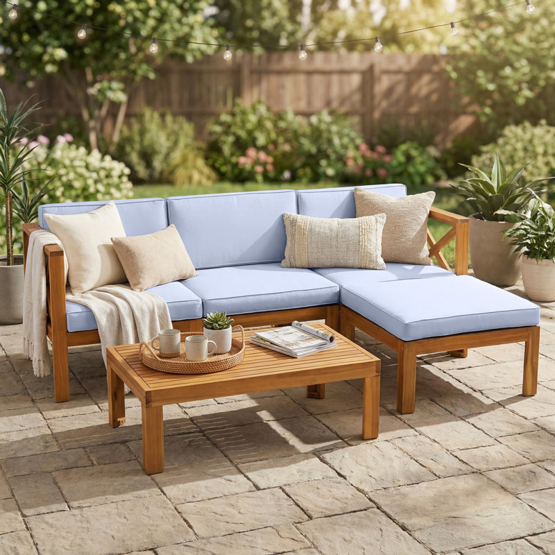 5-Piece Outdoor Acacia Wood Sofa Set, X-Back Frames Design Patio Sectional Sofa Seating Group Set with Cushions for Garden, Backyard, Balcony