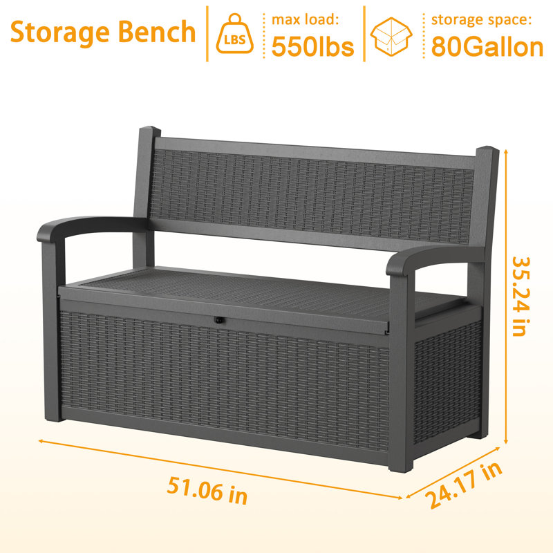 100 Gallon Lockable Resin Storage Bench Outdoor Deck Box Durable Patio Furniture Storage Organization, Black