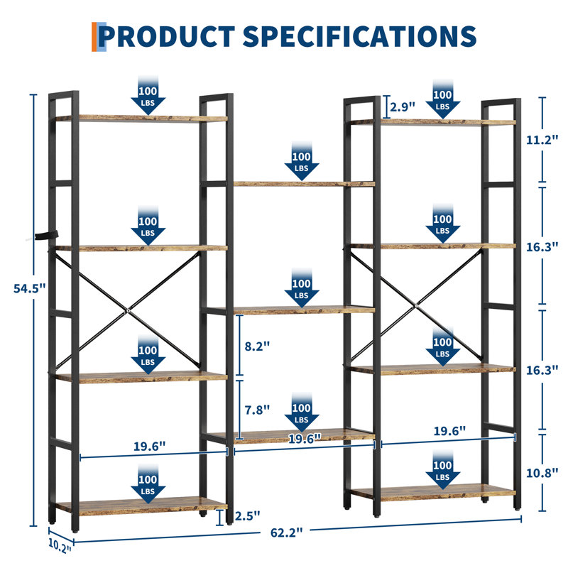 Triple Column 4-Tier Bookshelf with 11 Open Shelves, Industrial Metal Frame and Wood Bookcase, Large Modern Storage Organizer for Office, Home, or Living Room, Space-Saving Design, Brown