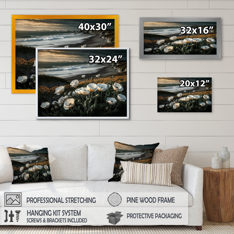 «White Flowers by the Coast II», reproduction sur toile, L 20 po x H 12 po, Impression noire sur toile encadrée