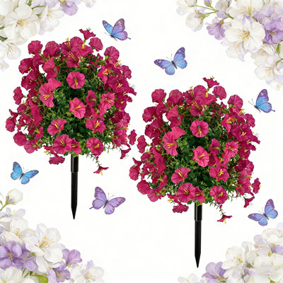2 Pack Artificial Boxwood Topiary Ball Trees with Flowers Faux Plants Outdoor with Ground Spike 22" UV Resistant Faux Greenery Shrubs Fake Evergreen Plants for Garden Yard Porch