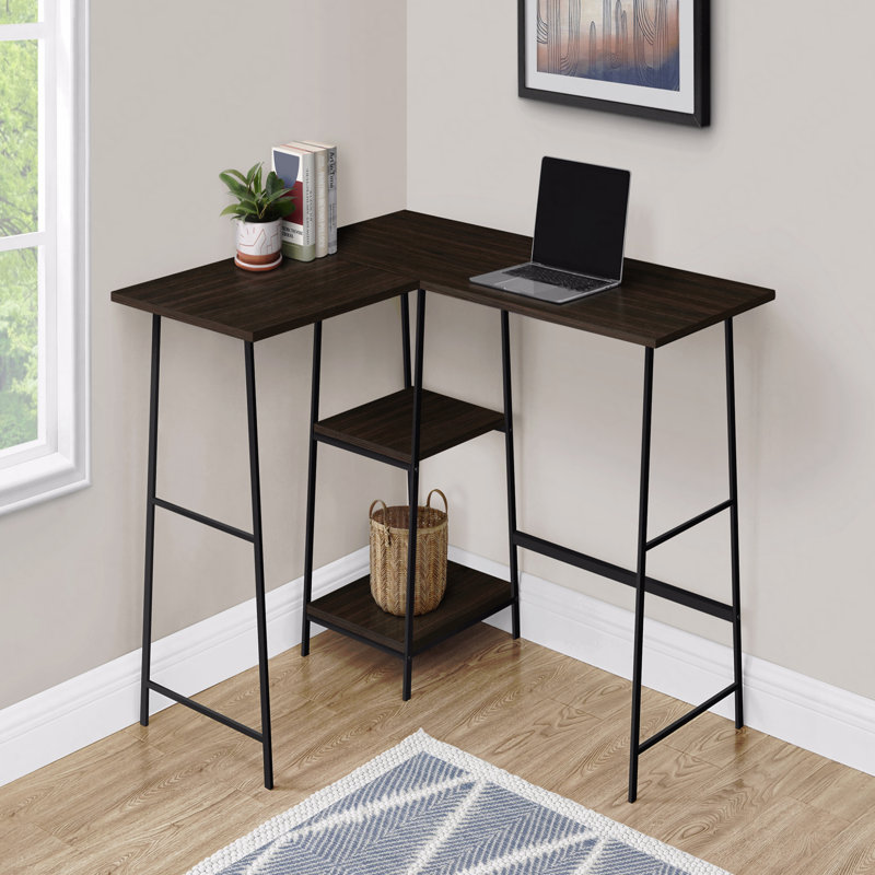Bureau d'ordinateur, bureau personnel, coin, tablettes de rangement, L 48 po, forme en L, travail, ordinateur portable, stratifié brun, métal noir, contemporain, moderne