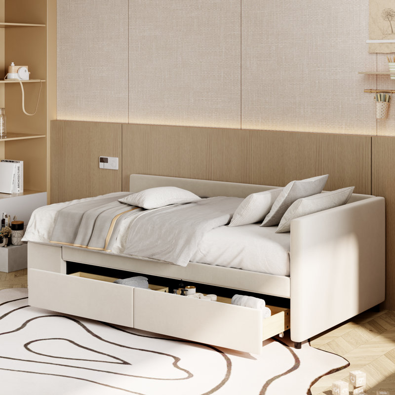  Twin Size L-Shaped Upholstered Platform Bed with Built-In Storage Compartments and Stylish Design, Beige, Beige
