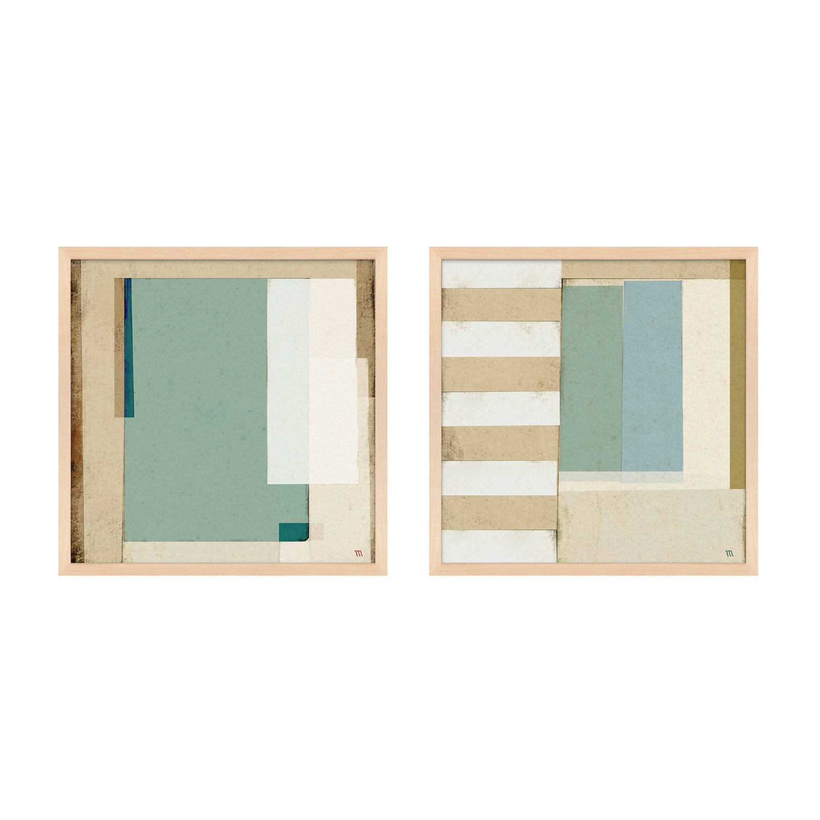 City Scape Aqua 2-Piece Print Set, Framed Print Paper without Mat, Maple, 16" H x 16" W