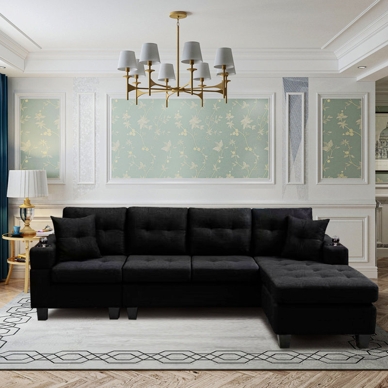 Calliandra Upholstered L-Shaped Sectional, Black Linen,  Right Hand Facing