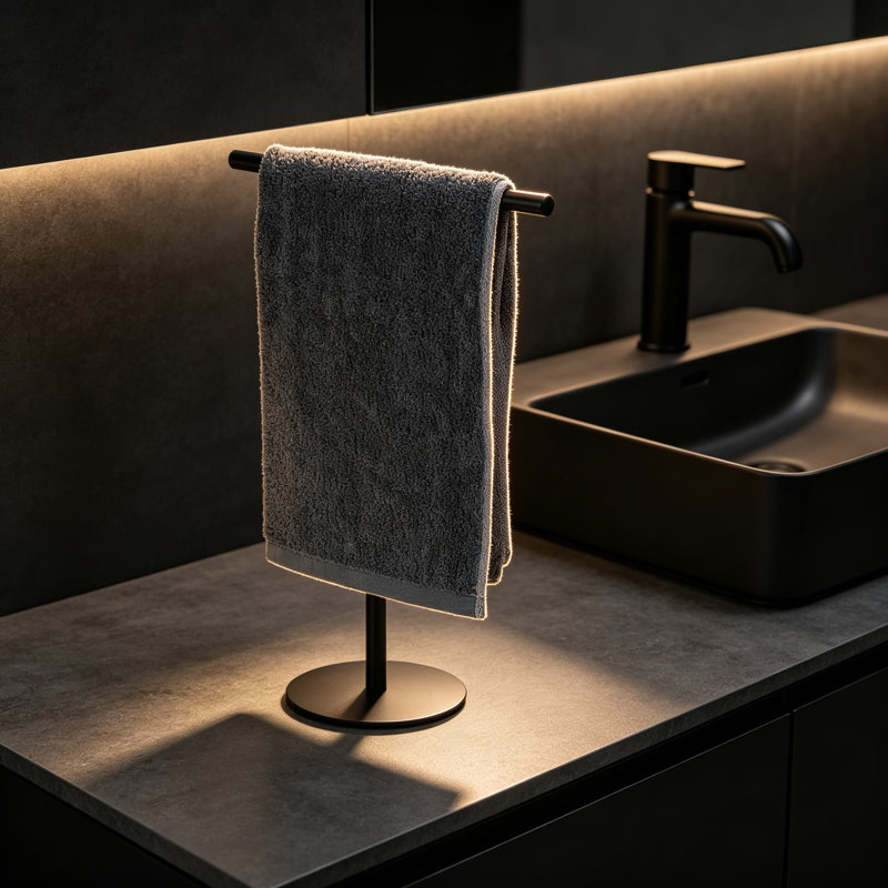 Porte-serviettes sur pied pour salle de bain et comptoir, en acier inoxydable en forme de T avec finition mate, optimisant l'espace.