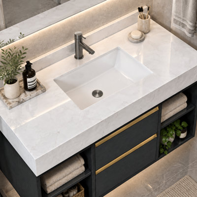 Meuble-lavabo mural de 39 po avec lavabo en céramique, meuble de salle de bain flottant moderne avec comptoir en pierre frittée et 2 tiroirs et tablettes ouvertes