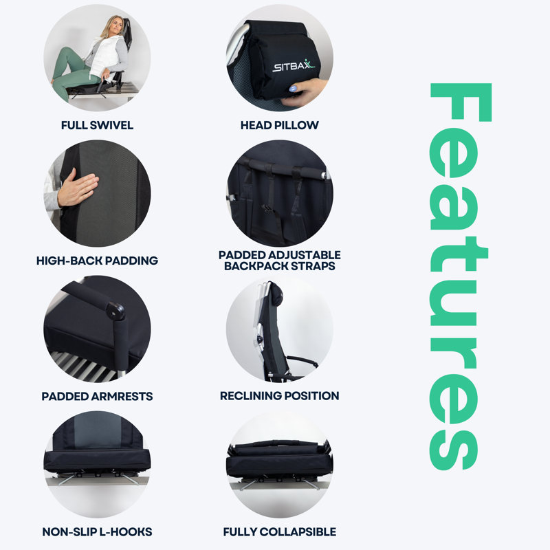 SitBax Black Padded Bleacher Seat – The Ultimate Reclining Stadium Chair with Full Back & Neck Support and 360° Swivel – Lightweight, Foldable, and Portable with Backpack Straps - Patent Pending