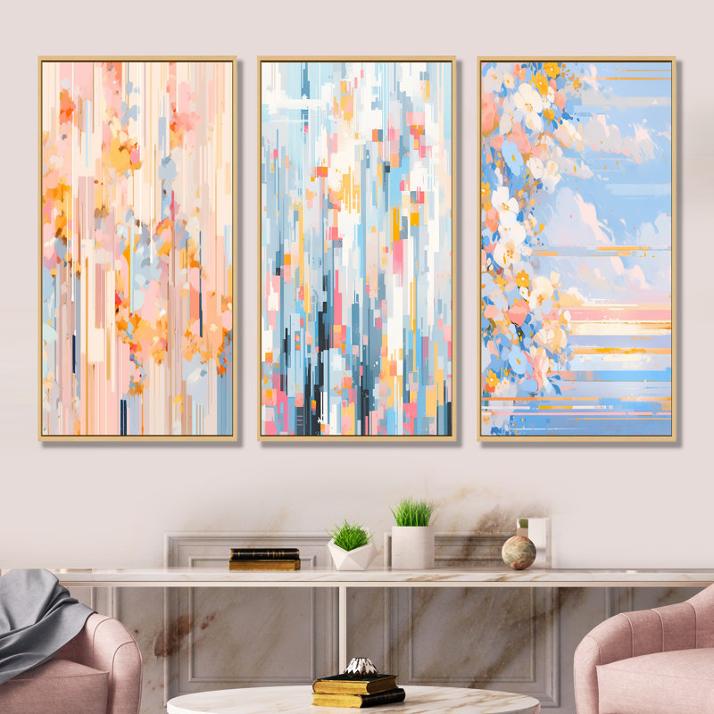Modern Pink Cherry Blossom Bold Stripes, Cadre flottant brun, H 32 po x l 48 po